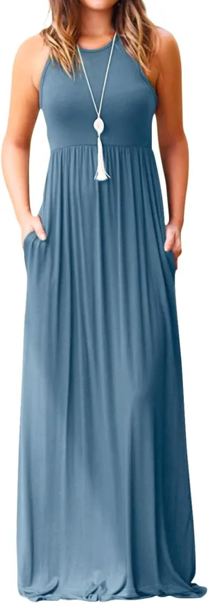 EUOVMY Women's Sleeveless Dress Casual Plain Loose Summer Vacation Long Maxi Dresses with Pockets