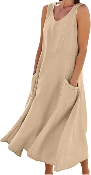 FZYLQY Cotton Linen Maxi Dress for Women 2025 Summer Boho Casual Beach Dresses Sleeveless Solid Long Dress Vacation Outfits