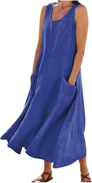 FZYLQY Cotton Linen Maxi Dress for Women 2025 Summer Boho Casual Beach Dresses Sleeveless Solid Long Dress Vacation Outfits