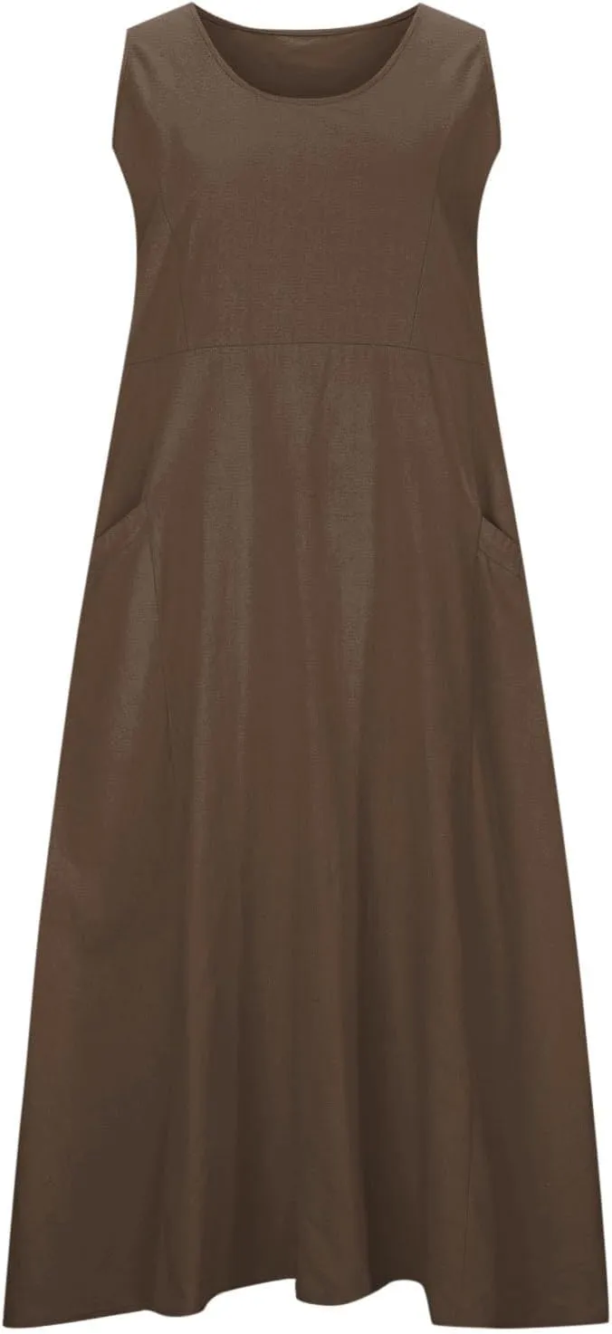 FZYLQY Cotton Linen Maxi Dress for Women 2025 Summer Boho Casual Beach Dresses Sleeveless Solid Long Dress Vacation Outfits