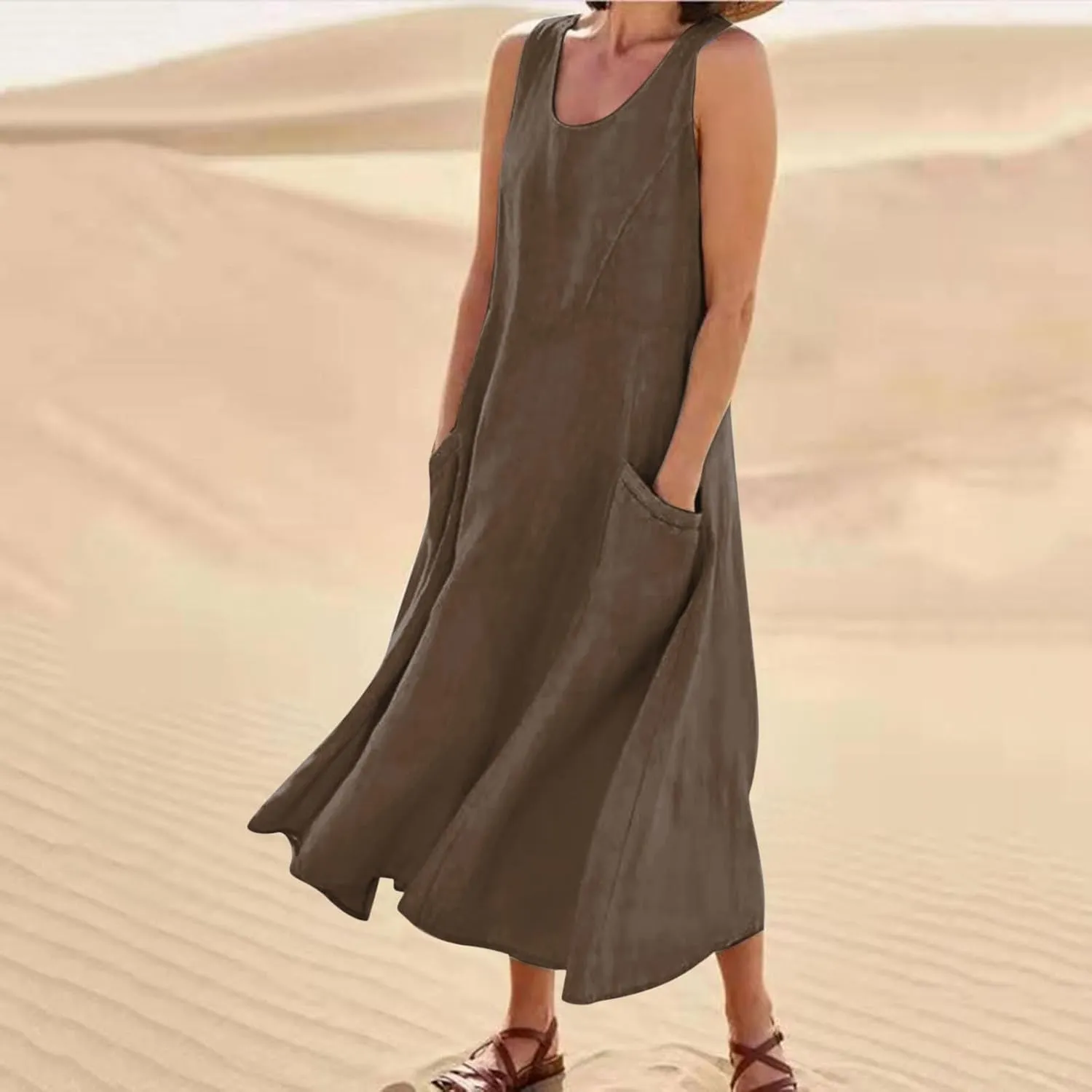 FZYLQY Cotton Linen Maxi Dress for Women 2025 Summer Boho Casual Beach Dresses Sleeveless Solid Long Dress Vacation Outfits