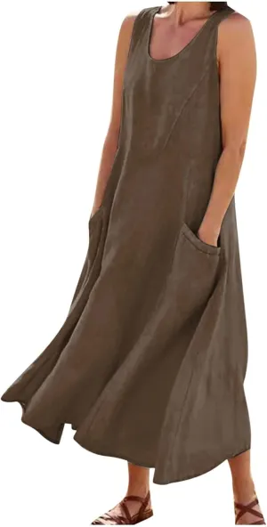 FZYLQY Cotton Linen Maxi Dress for Women 2025 Summer Boho Casual Beach Dresses Sleeveless Solid Long Dress Vacation Outfits