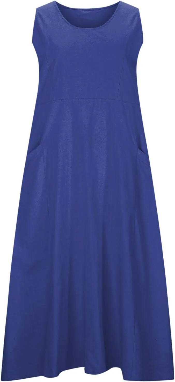 FZYLQY Cotton Linen Maxi Dress for Women 2025 Summer Boho Casual Beach Dresses Sleeveless Solid Long Dress Vacation Outfits