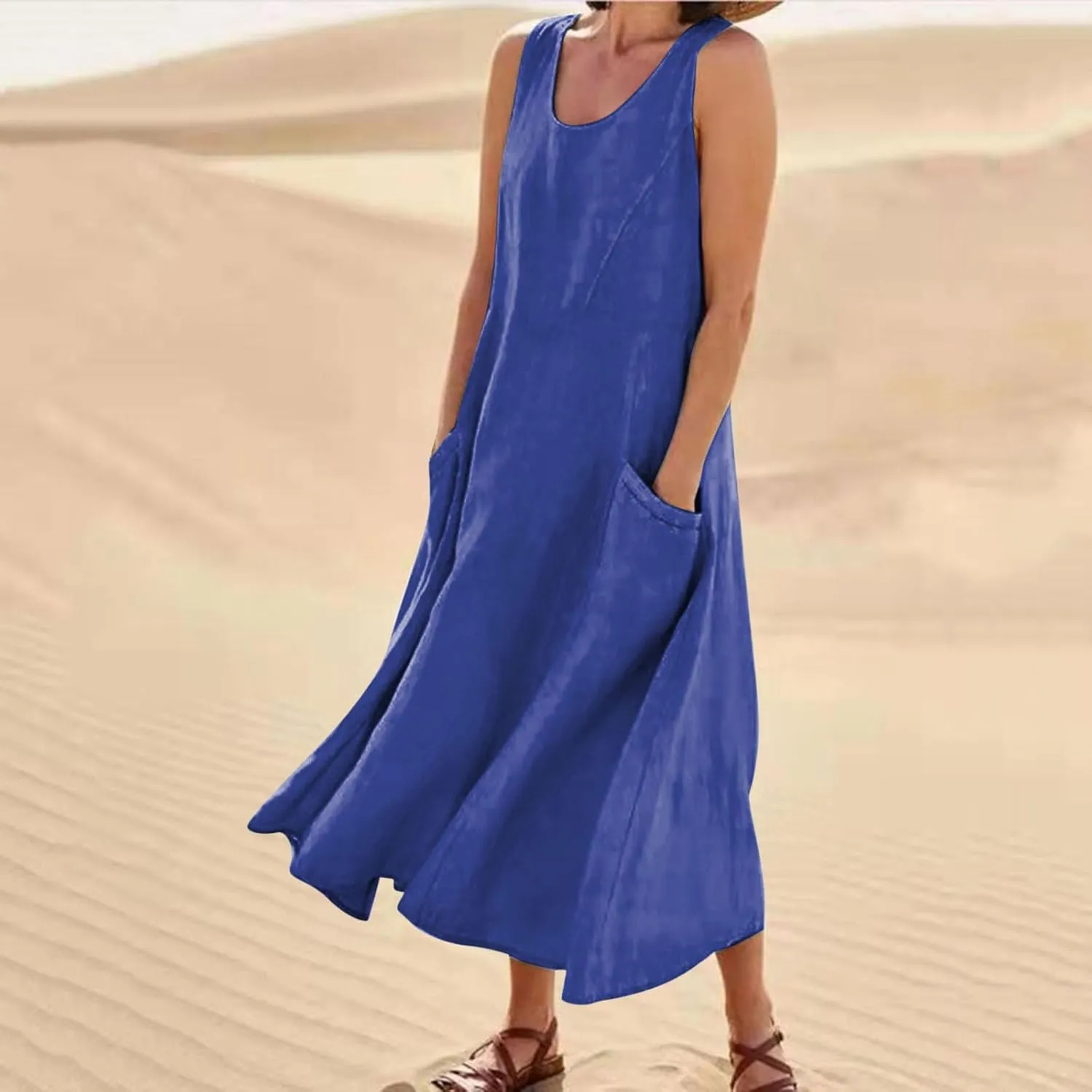 FZYLQY Cotton Linen Maxi Dress for Women 2025 Summer Boho Casual Beach Dresses Sleeveless Solid Long Dress Vacation Outfits