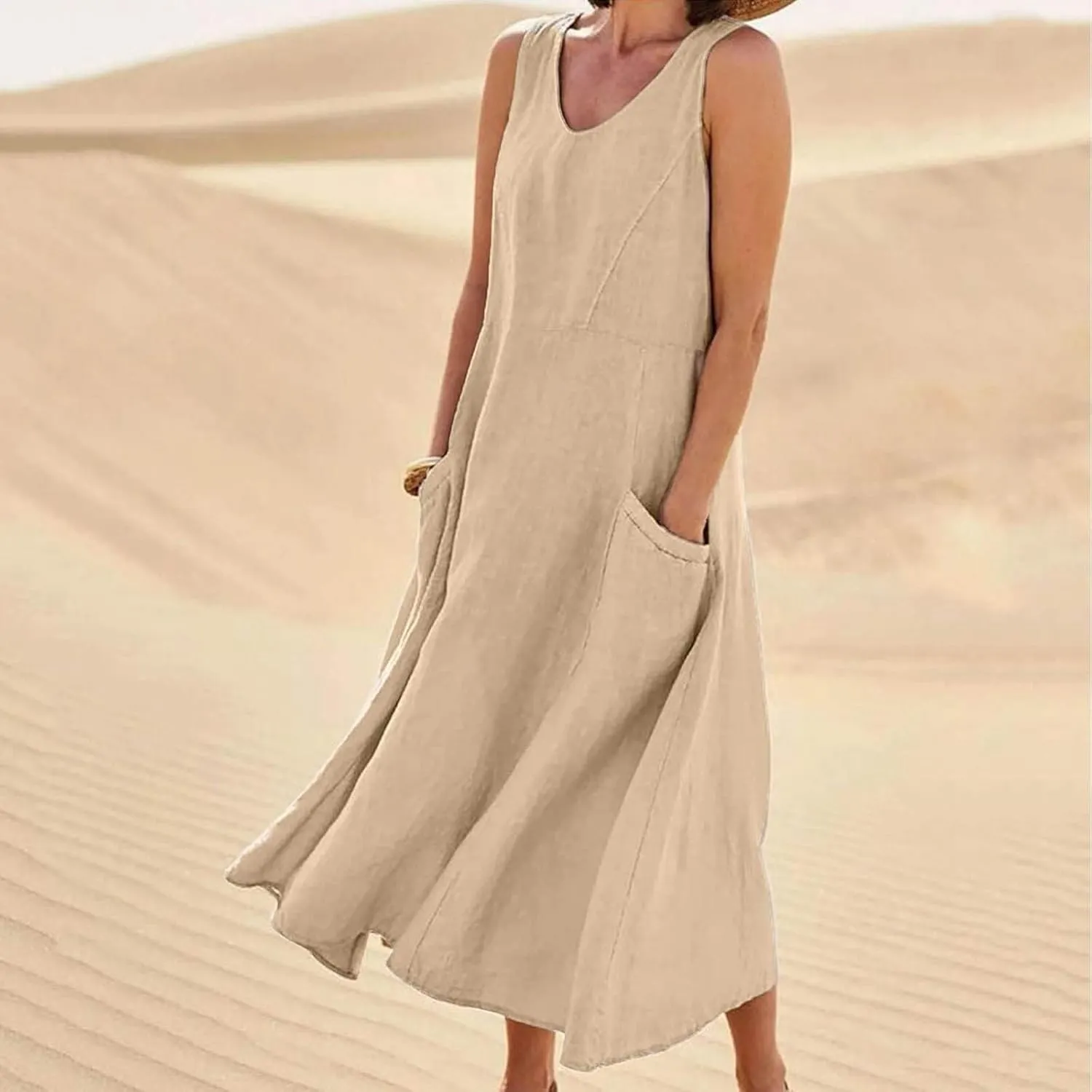 FZYLQY Cotton Linen Maxi Dress for Women 2025 Summer Boho Casual Beach Dresses Sleeveless Solid Long Dress Vacation Outfits