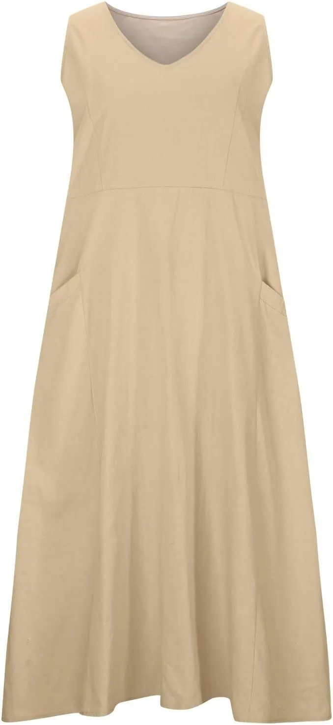 FZYLQY Cotton Linen Maxi Dress for Women 2025 Summer Boho Casual Beach Dresses Sleeveless Solid Long Dress Vacation Outfits