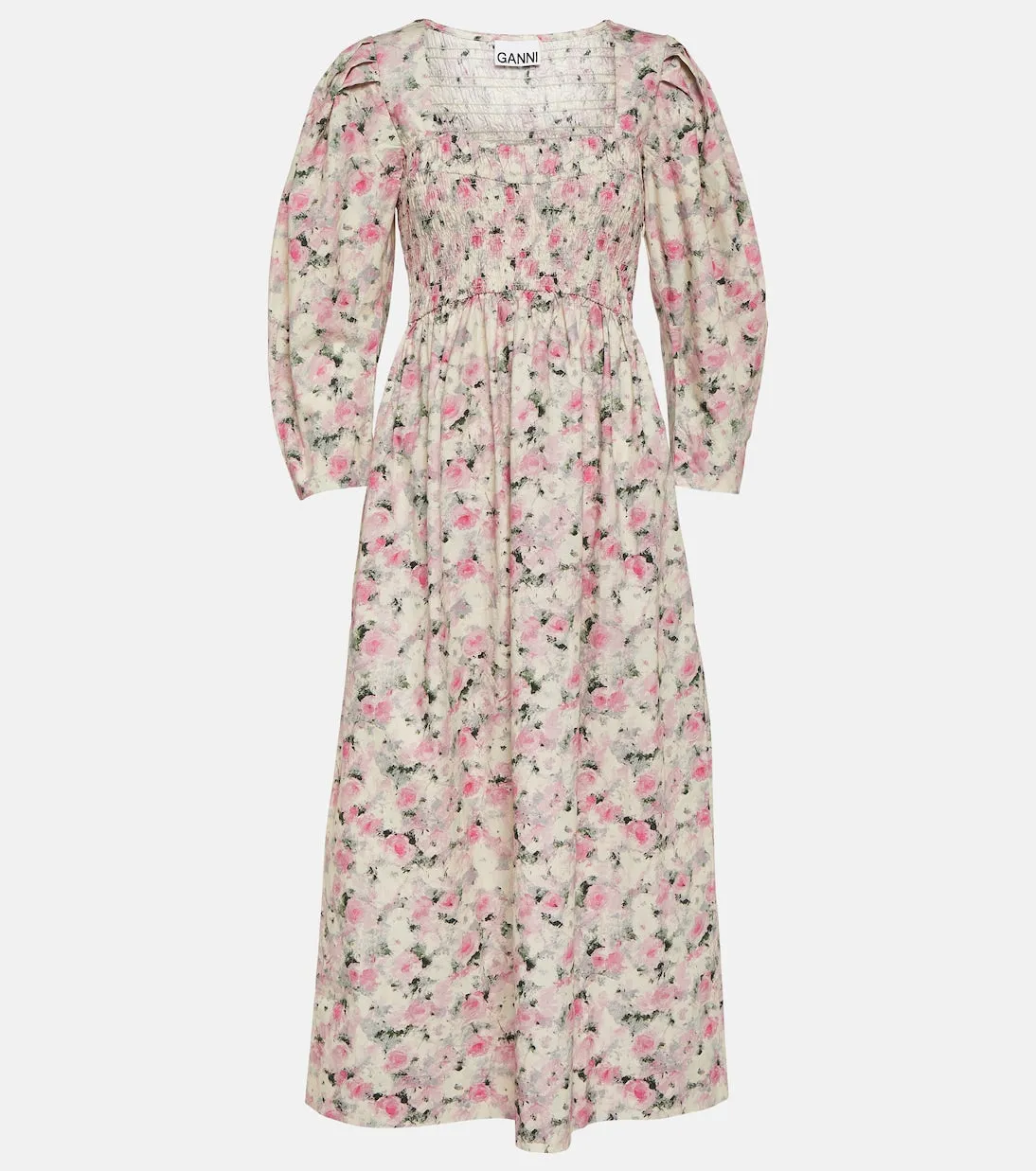 Ganni cotton midi dress with floral print, multicolor