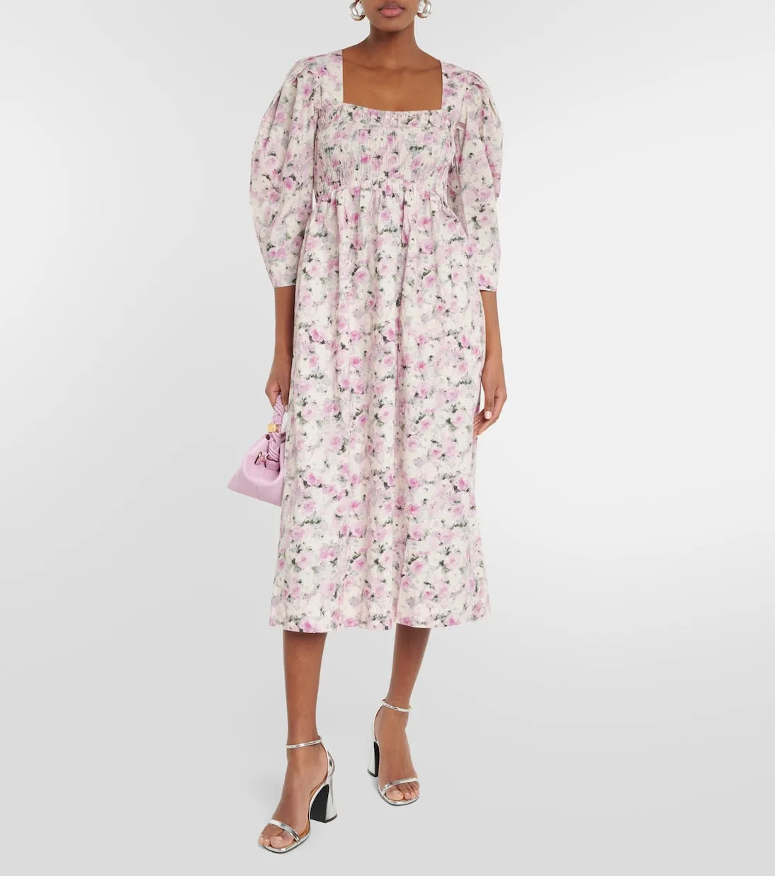 Ganni cotton midi dress with floral print, multicolor