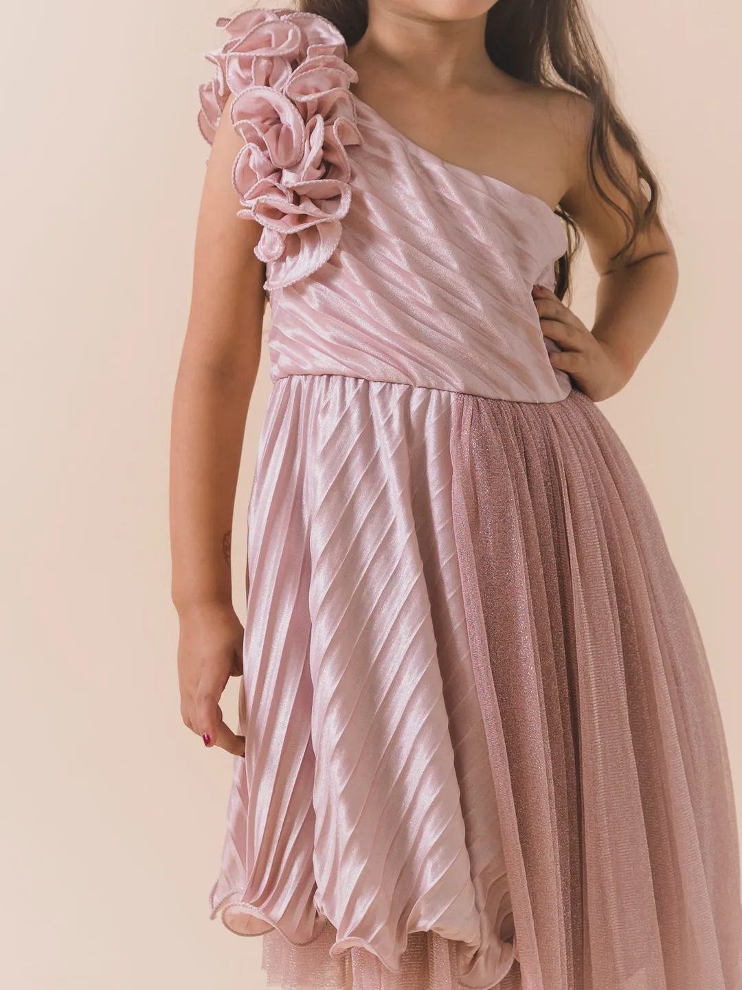 Girls Gunmetal-Toned One Shoulder Satin A-Line Midi Dress - Ps Peaches