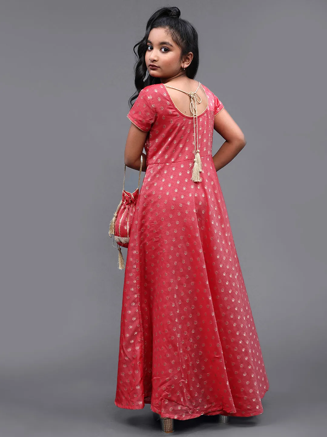 Girl's Red Gold Dobby Woven Desig Maxi With Potali Bag - Aks Girls