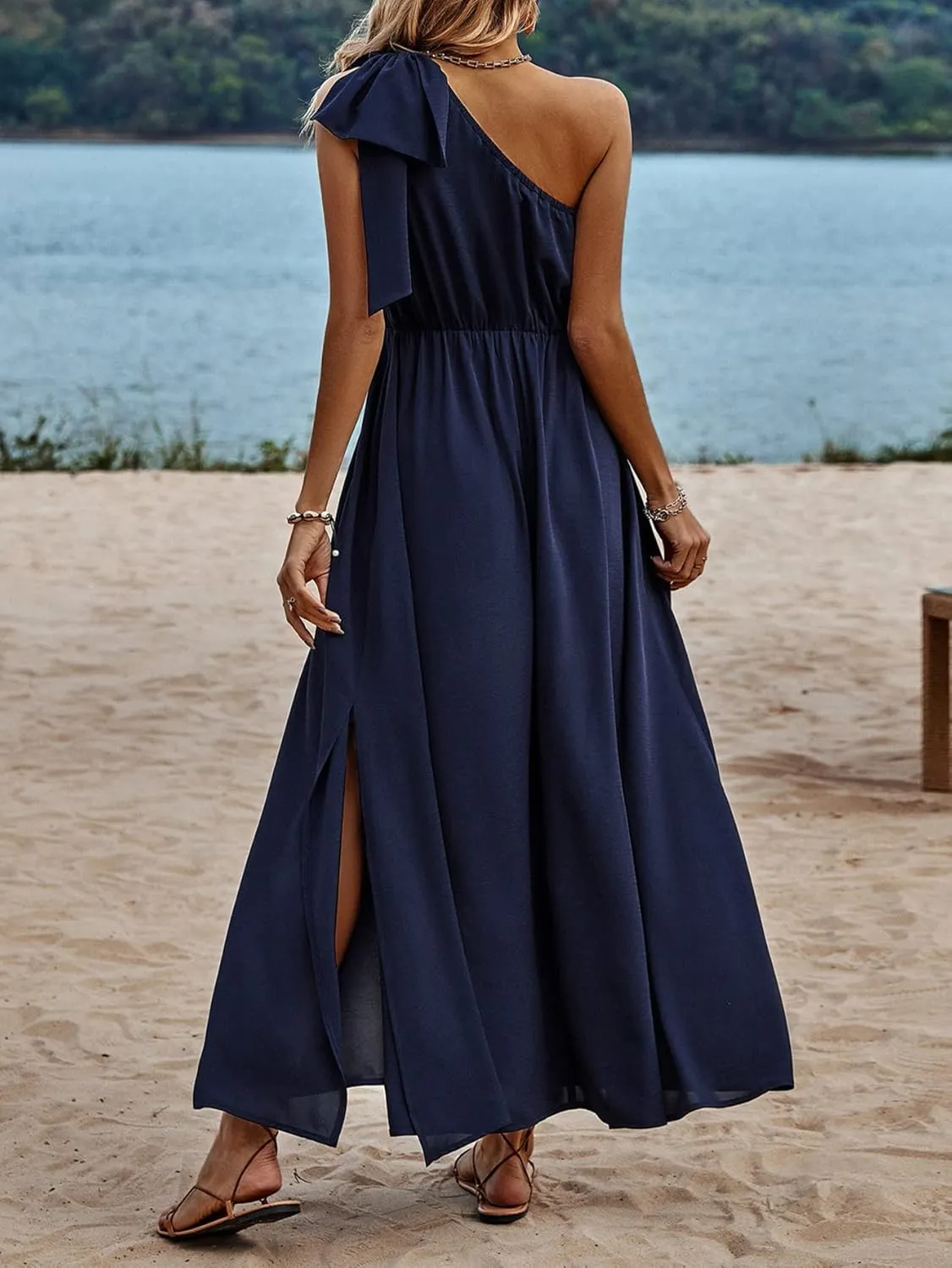 IFFEI Summer Dresses for Women 2025 Boho One Shoulder Maxi Dress Casual Sleeveless Flowy Split Beach Long Dress
