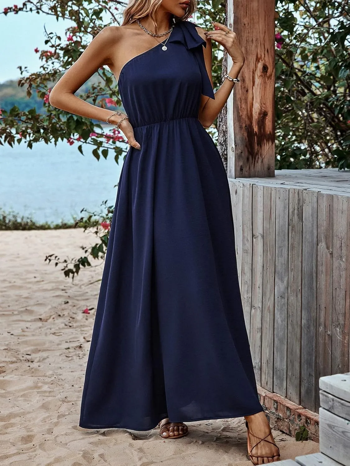 IFFEI Summer Dresses for Women 2025 Boho One Shoulder Maxi Dress Casual Sleeveless Flowy Split Beach Long Dress