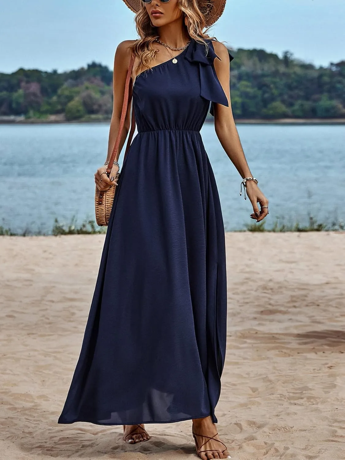 IFFEI Summer Dresses for Women 2025 Boho One Shoulder Maxi Dress Casual Sleeveless Flowy Split Beach Long Dress