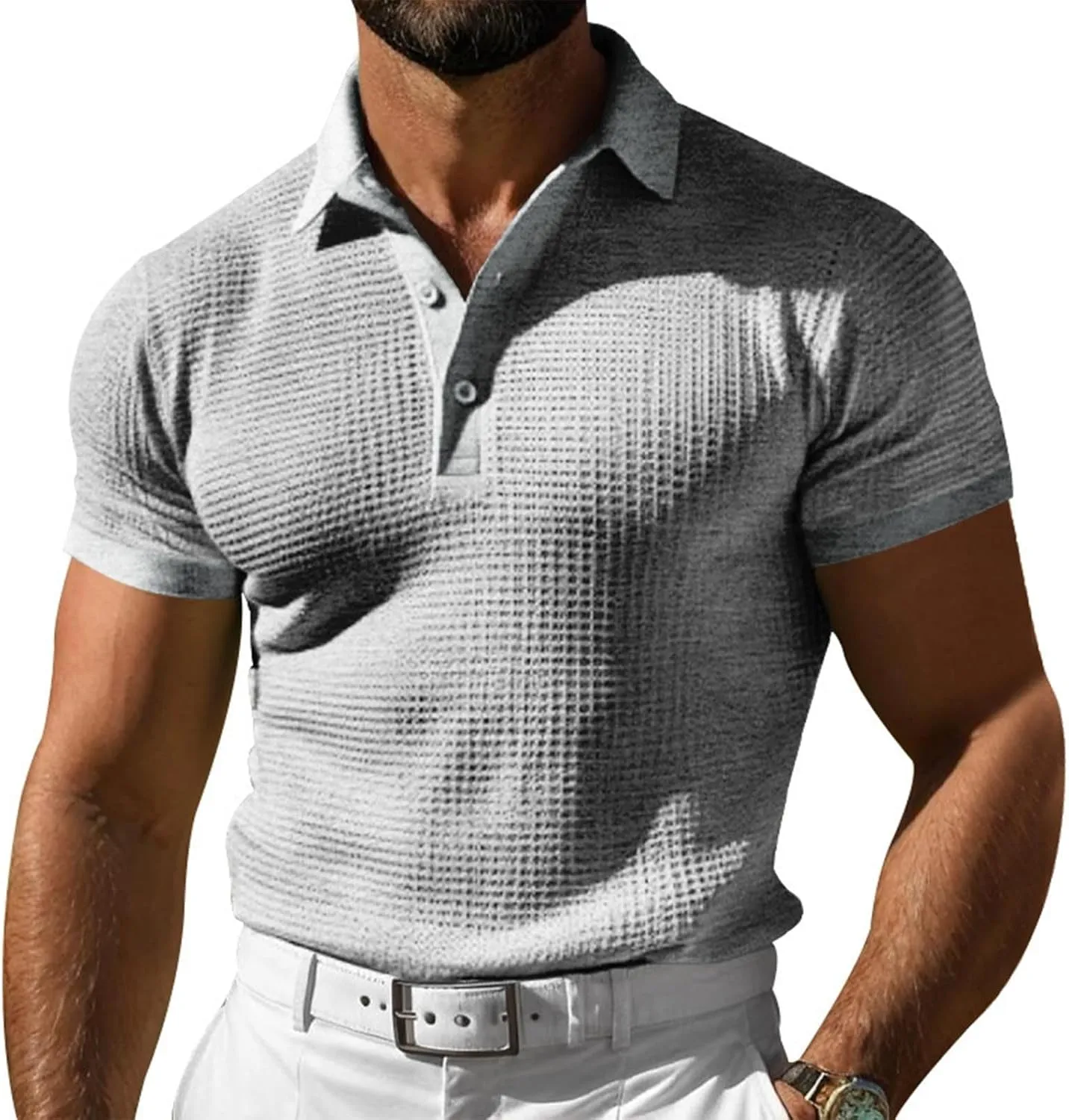 Men's Waffle Knit Polo Shirts Summer Short Sleeve Texture Lightweight Golf Shirts Sweater Muscle T-Shirt Tops