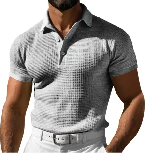 Men's Waffle Knit Polo Shirts Summer Short Sleeve Texture Lightweight Golf Shirts Sweater Muscle T-Shirt Tops