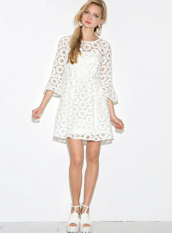 MINI DRESS WOMEN LACE CONTRAST WHITE SWEET CASUAL