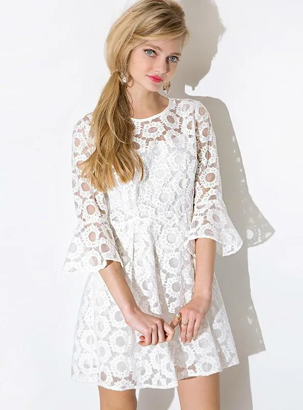 MINI DRESS WOMEN LACE CONTRAST WHITE SWEET CASUAL