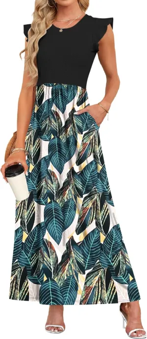 MISFAY Women's Ruffle Sleeve Maxi Dresses Casual Crewneck Long Dress with Pockets(Black Leaf Print,S)