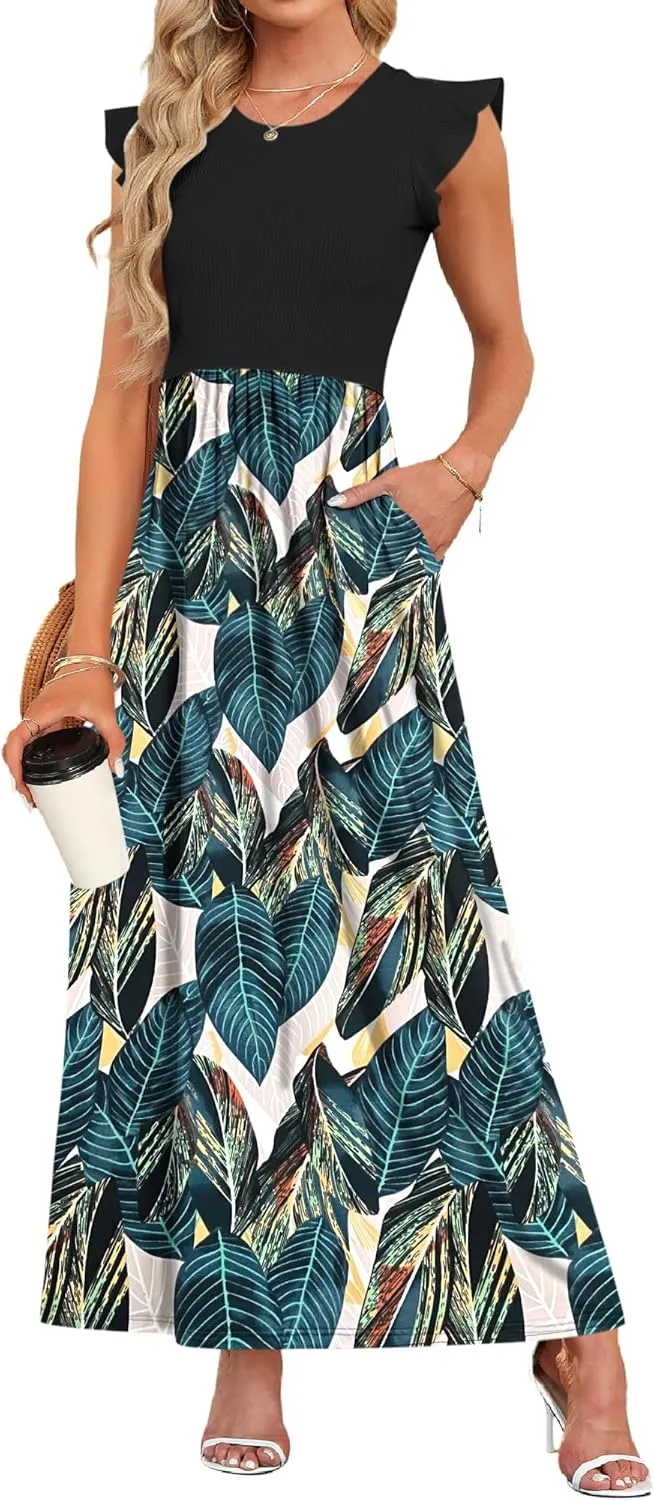 MISFAY Women's Ruffle Sleeve Maxi Dresses Casual Crewneck Long Dress with Pockets(Black Leaf Print,S)