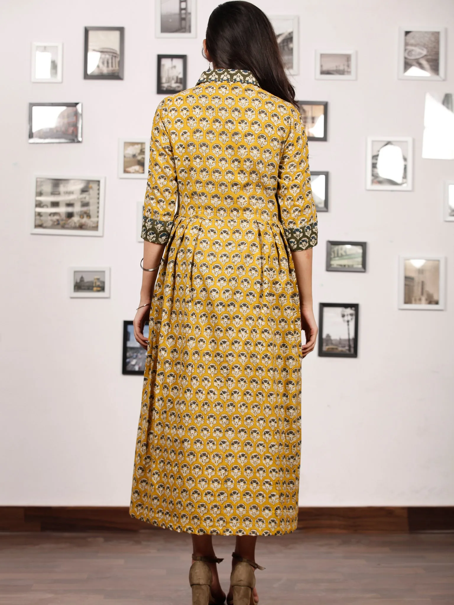 MUSTARD BLOOM - Hand Block Printed Cotton Long Dress  - D329F1735