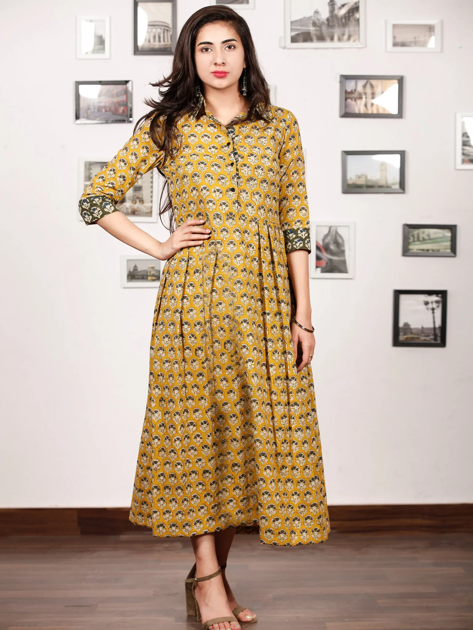 MUSTARD BLOOM - Hand Block Printed Cotton Long Dress  - D329F1735