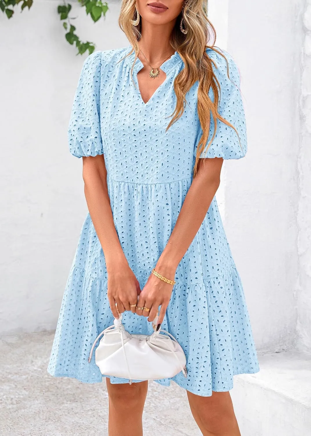 Pink Laura Eyelet Dress, Eyelet Summer Dresses for Women Mini Casual Hollow Out Short Sleeve Lace Tiered V Neck Shift Dress