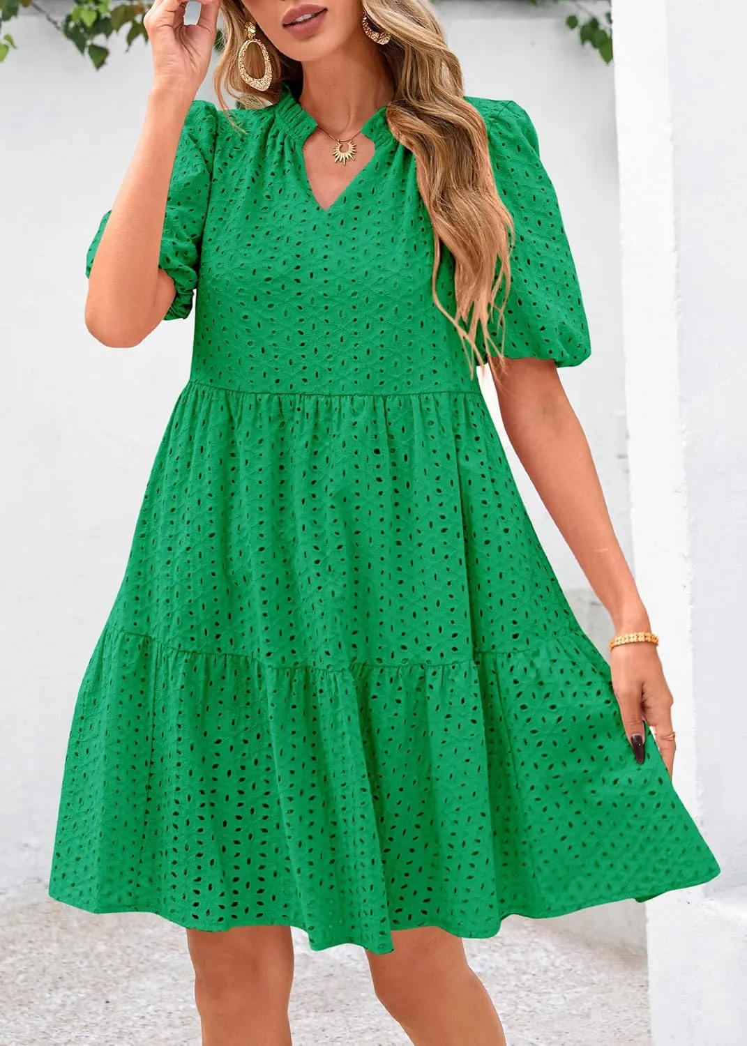 Pink Laura Eyelet Dress, Eyelet Summer Dresses for Women Mini Casual Hollow Out Short Sleeve Lace Tiered V Neck Shift Dress