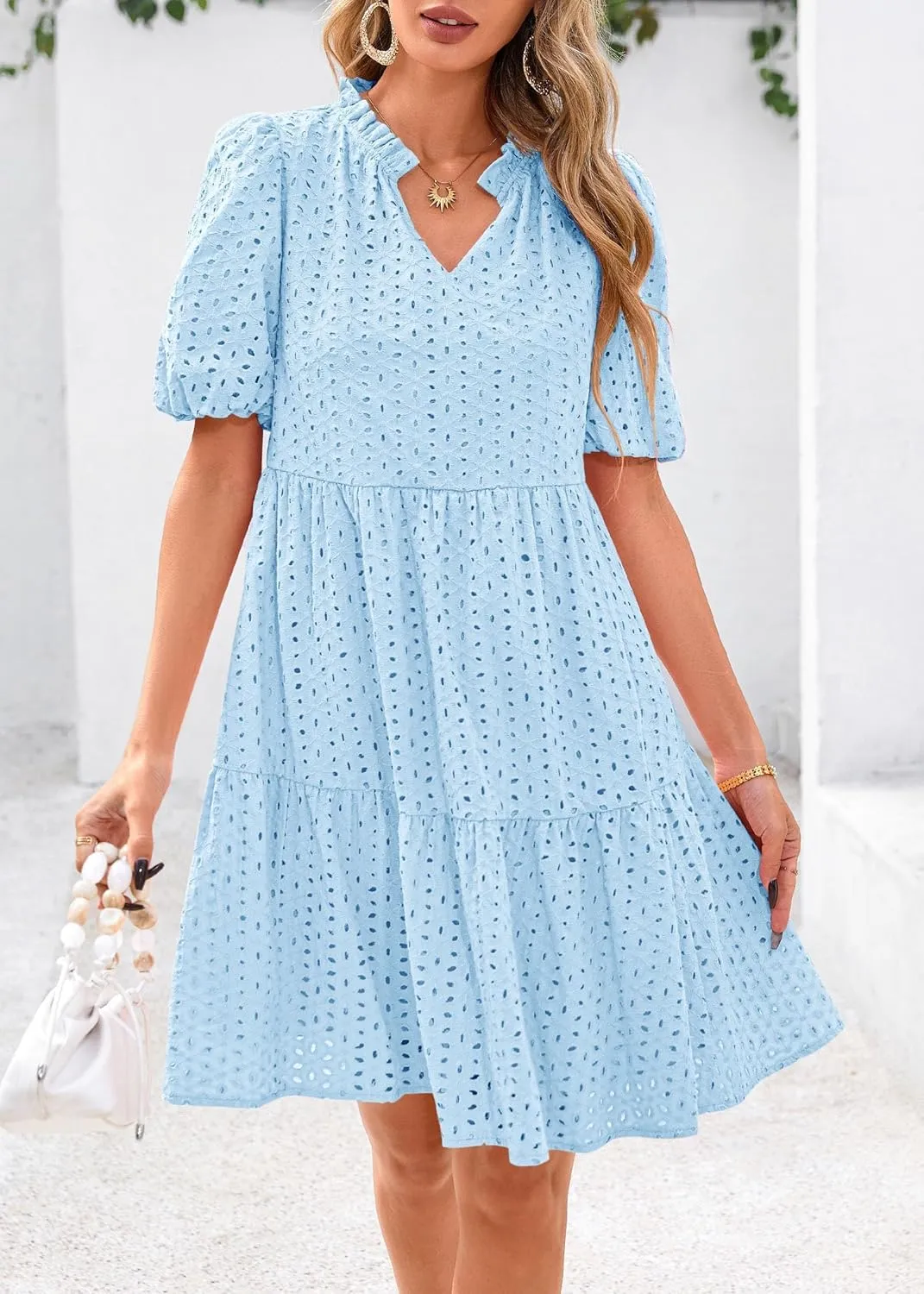 Pink Laura Eyelet Dress, Eyelet Summer Dresses for Women Mini Casual Hollow Out Short Sleeve Lace Tiered V Neck Shift Dress