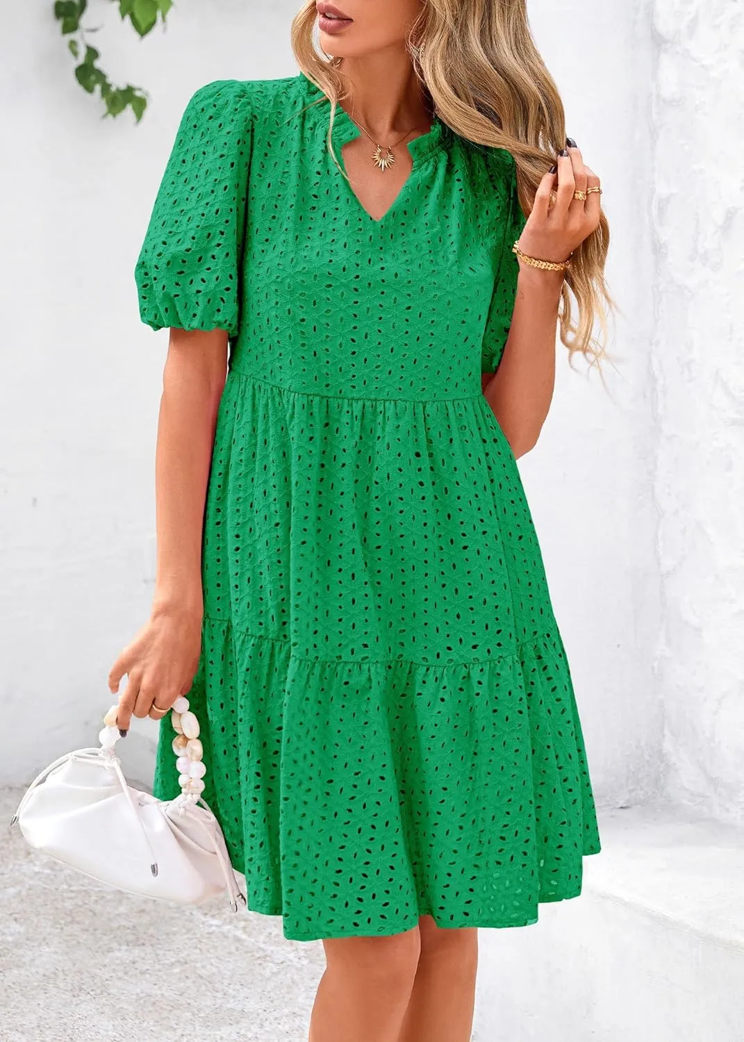 Pink Laura Eyelet Dress, Eyelet Summer Dresses for Women Mini Casual Hollow Out Short Sleeve Lace Tiered V Neck Shift Dress
