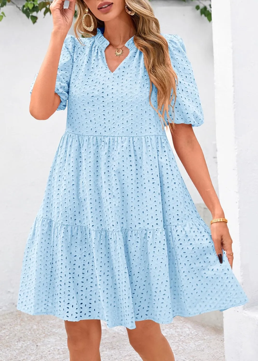 Pink Laura Eyelet Dress, Eyelet Summer Dresses for Women Mini Casual Hollow Out Short Sleeve Lace Tiered V Neck Shift Dress
