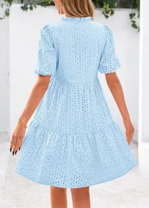 Pink Laura Eyelet Dress, Eyelet Summer Dresses for Women Mini Casual Hollow Out Short Sleeve Lace Tiered V Neck Shift Dress