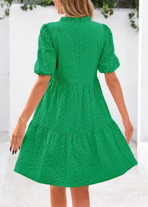 Pink Laura Eyelet Dress, Eyelet Summer Dresses for Women Mini Casual Hollow Out Short Sleeve Lace Tiered V Neck Shift Dress