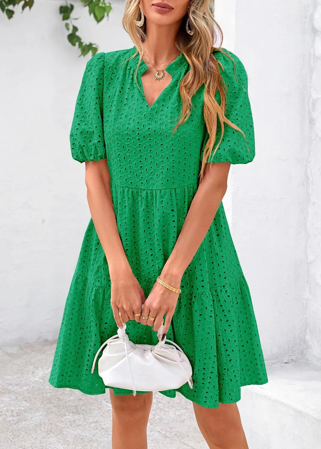 Pink Laura Eyelet Dress, Eyelet Summer Dresses for Women Mini Casual Hollow Out Short Sleeve Lace Tiered V Neck Shift Dress