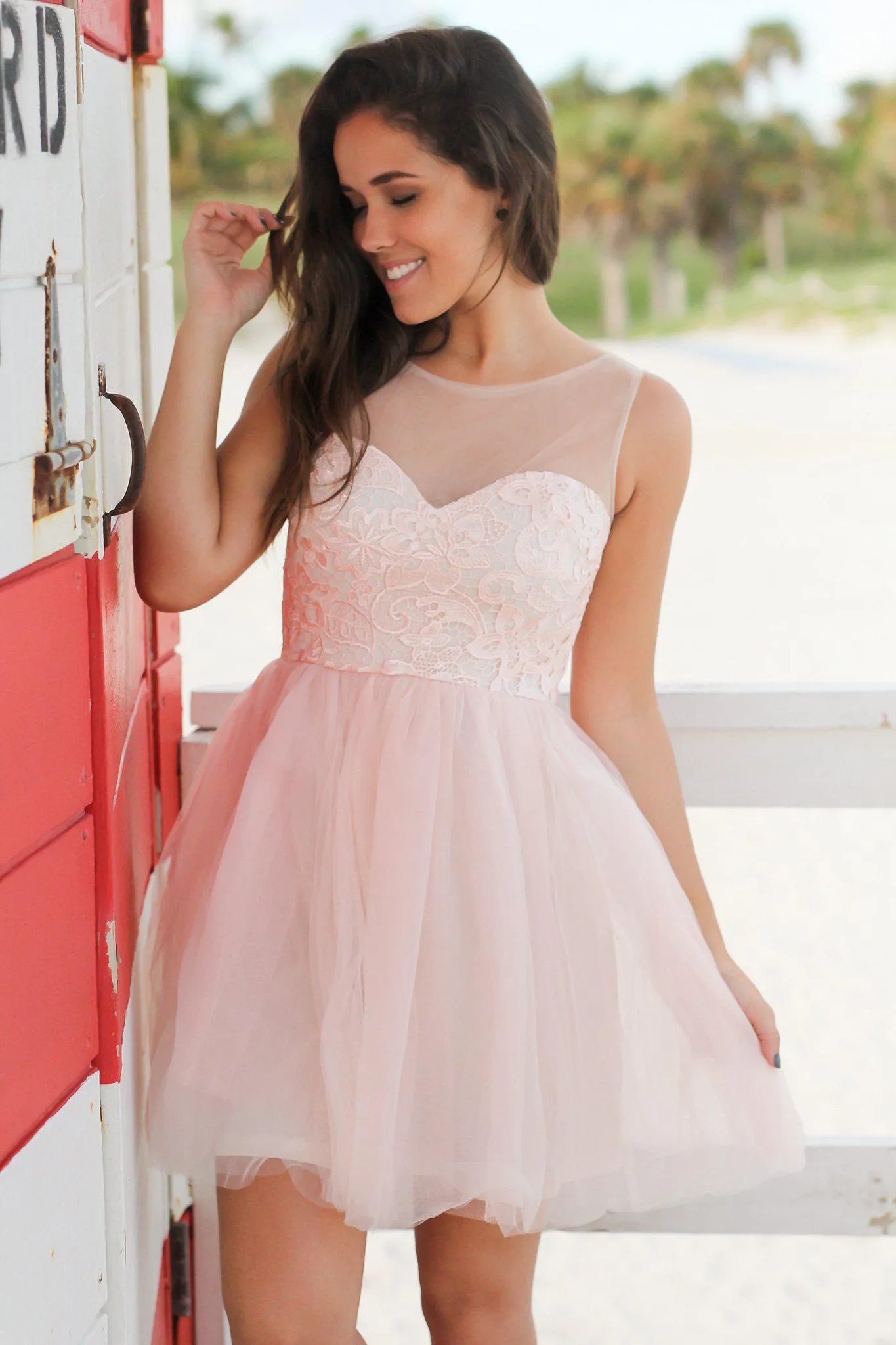 Pink Tulle Short Dress with Lace Top