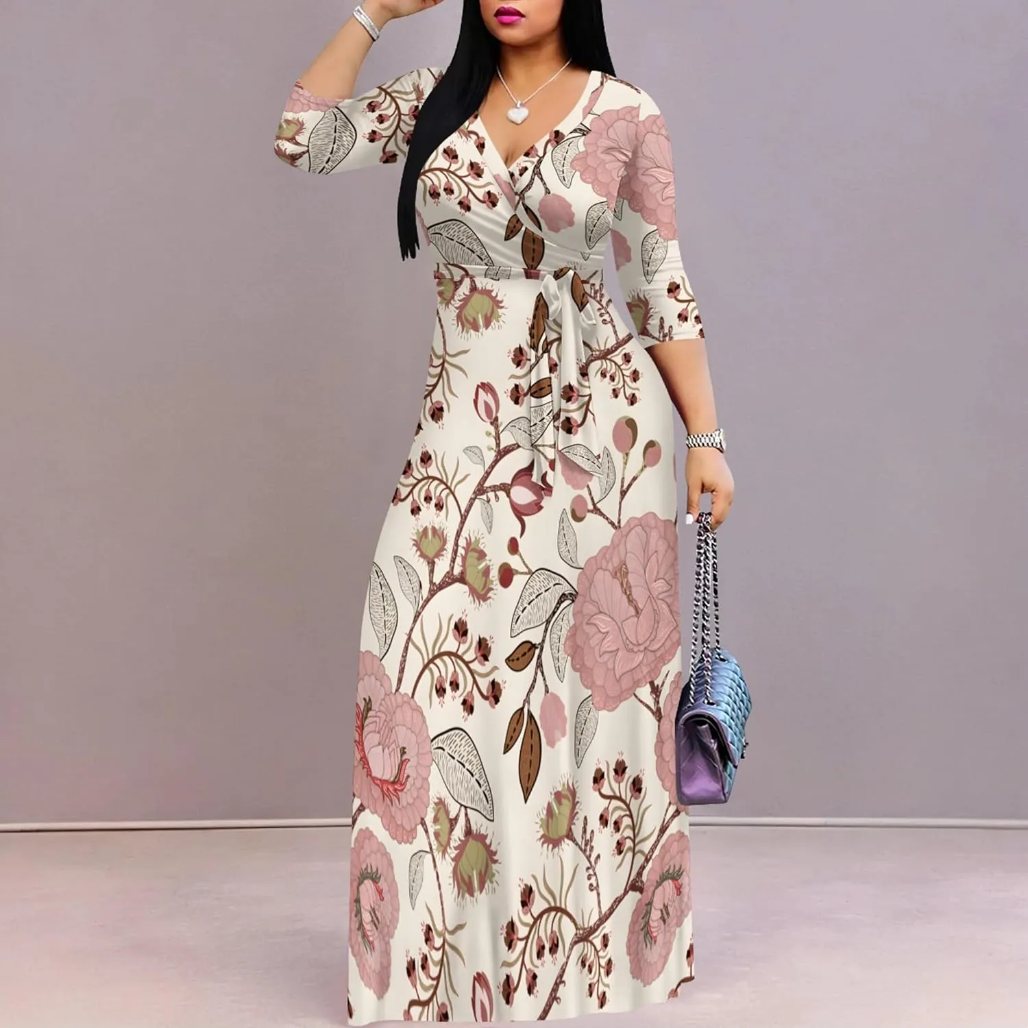 PinkPatty Women's Plus Size Maxi Dresses 3/4 Sleeves Bohemian Long Dress Printed Swing Dress with Belt