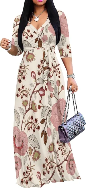 PinkPatty Women's Plus Size Maxi Dresses 3/4 Sleeves Bohemian Long Dress Printed Swing Dress with Belt