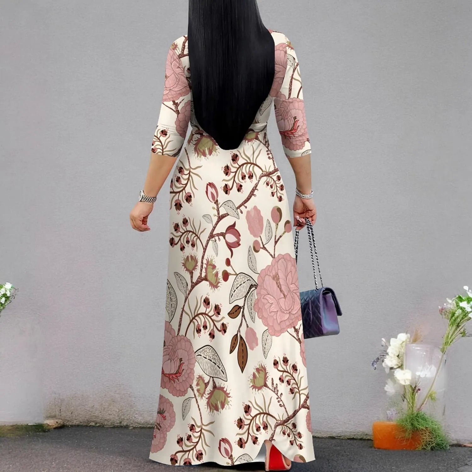PinkPatty Women's Plus Size Maxi Dresses 3/4 Sleeves Bohemian Long Dress Printed Swing Dress with Belt