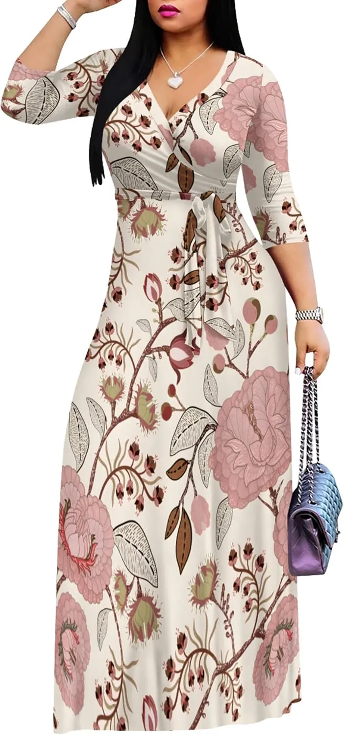PinkPatty Women's Plus Size Maxi Dresses 3/4 Sleeves Bohemian Long Dress Printed Swing Dress with Belt