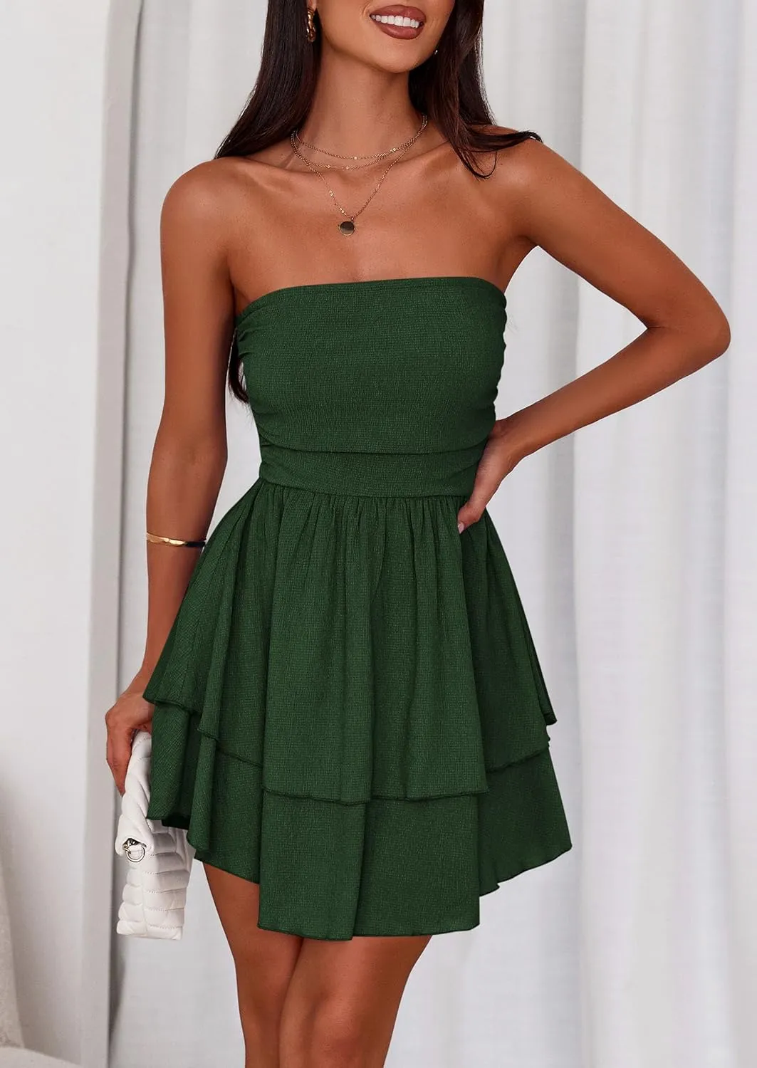 PRETTYGARDEN Women's 2025 Summer Strapless Tube Mini Dress Off Shoulder Smocked Ruffle A Line Flowy Short Party Club Dresses