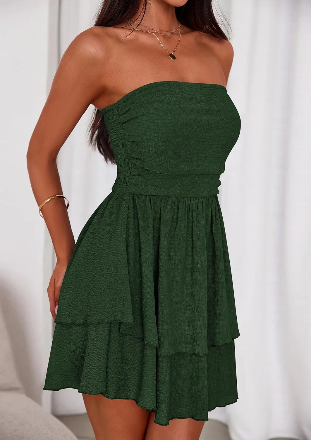 PRETTYGARDEN Women's 2025 Summer Strapless Tube Mini Dress Off Shoulder Smocked Ruffle A Line Flowy Short Party Club Dresses