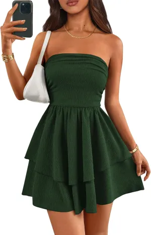 PRETTYGARDEN Women's 2025 Summer Strapless Tube Mini Dress Off Shoulder Smocked Ruffle A Line Flowy Short Party Club Dresses
