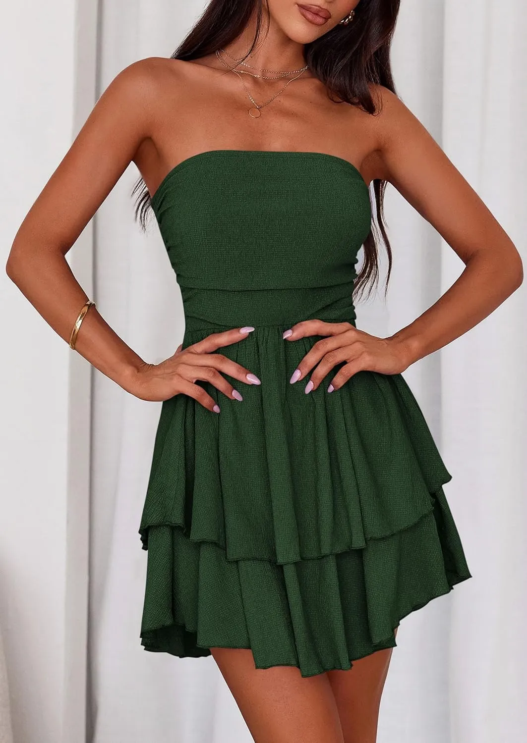 PRETTYGARDEN Women's 2025 Summer Strapless Tube Mini Dress Off Shoulder Smocked Ruffle A Line Flowy Short Party Club Dresses