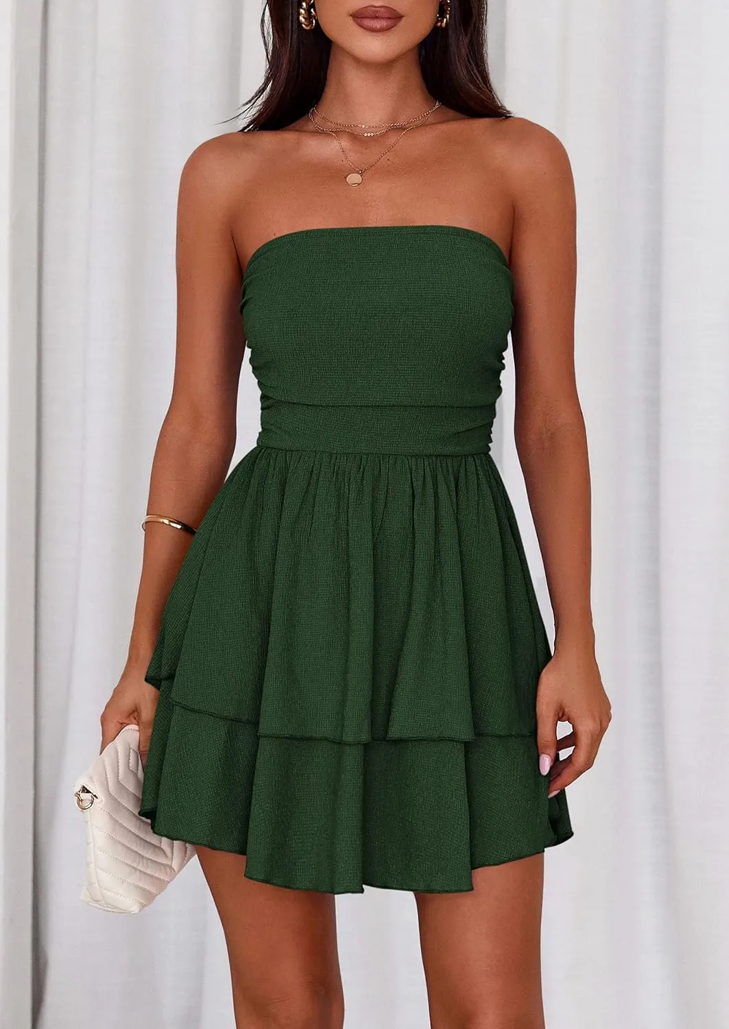 PRETTYGARDEN Women's 2025 Summer Strapless Tube Mini Dress Off Shoulder Smocked Ruffle A Line Flowy Short Party Club Dresses