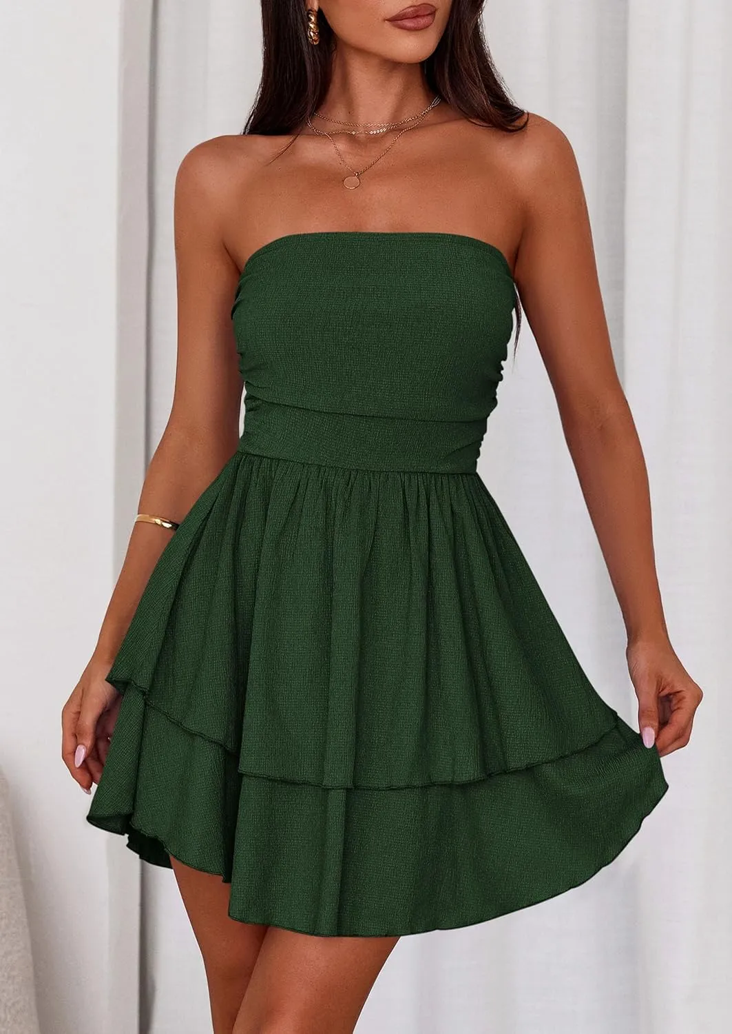 PRETTYGARDEN Women's 2025 Summer Strapless Tube Mini Dress Off Shoulder Smocked Ruffle A Line Flowy Short Party Club Dresses