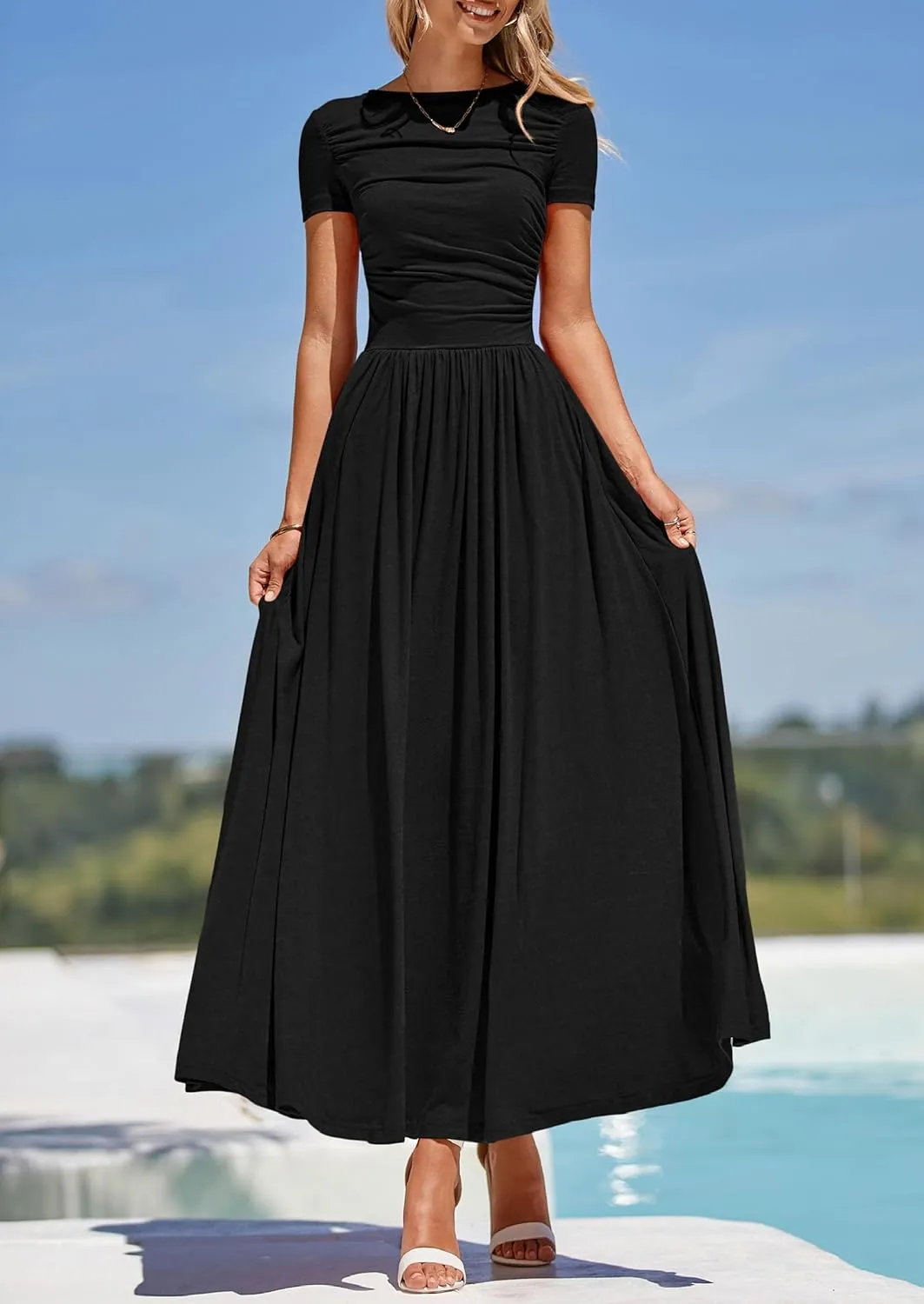 PRETTYGARDEN Women's Casual Dresses 2025 Summer Short Sleeve Ruched Patchwork A Line Pleated Swing Maxi Dress with Pockets
