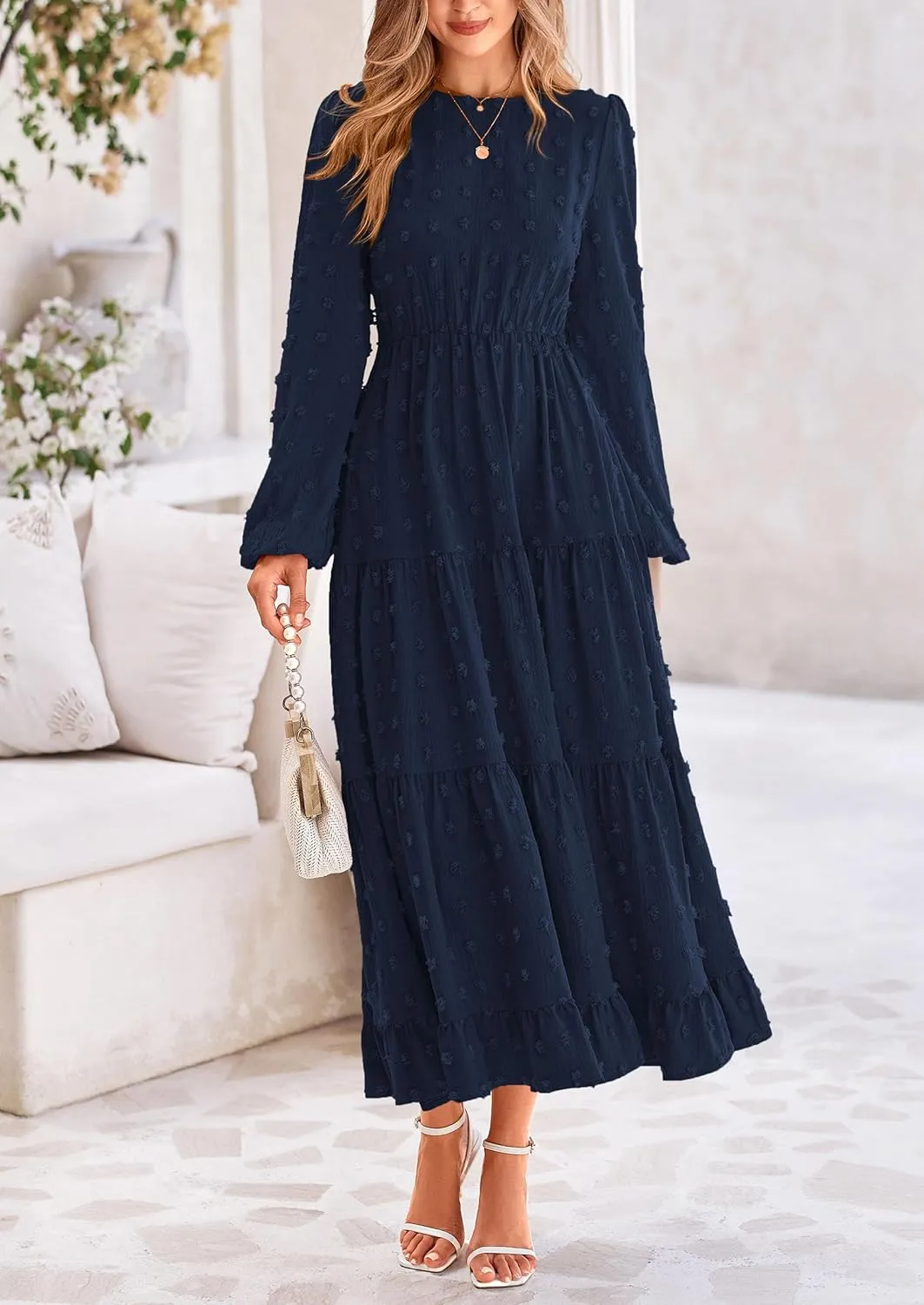 PRETTYGARDEN Women's Fall Spring Elegant Long Sleeve Maxi Dress Swiss Dot A Line Flowy Casual Holiday Party Going Out Dresses