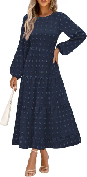 PRETTYGARDEN Women's Fall Spring Elegant Long Sleeve Maxi Dress Swiss Dot A Line Flowy Casual Holiday Party Going Out Dresses