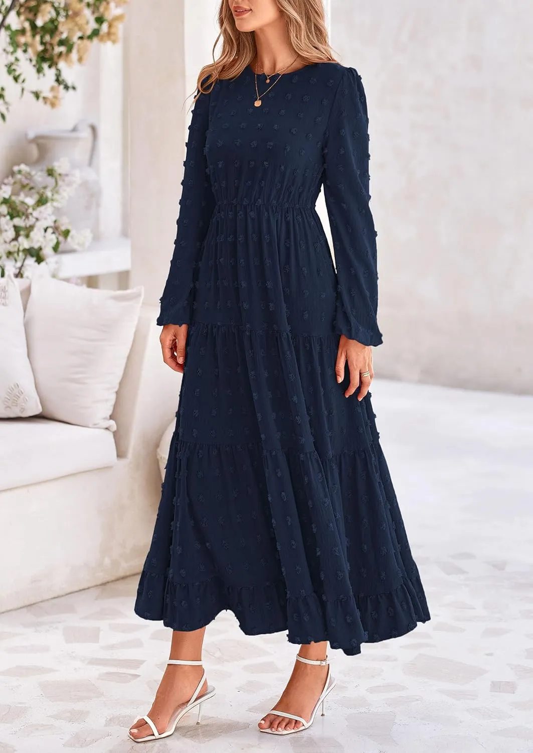 PRETTYGARDEN Women's Fall Spring Elegant Long Sleeve Maxi Dress Swiss Dot A Line Flowy Casual Holiday Party Going Out Dresses