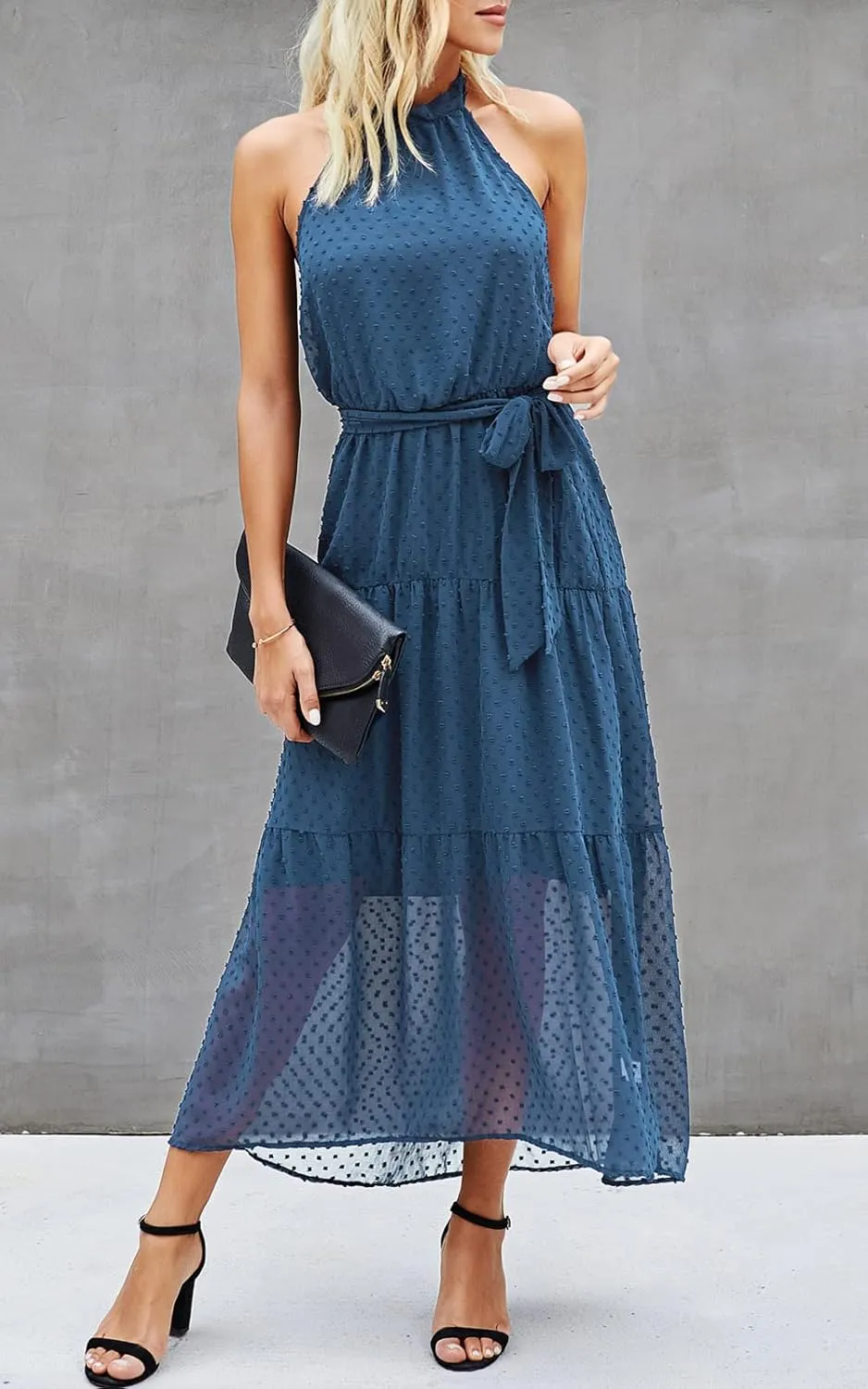 PRETTYGARDEN Women’s Halter Neck Floral Long Maxi Dress Casual Sleeveless Backless Dresses Loose Ruffle Sundress with Belt