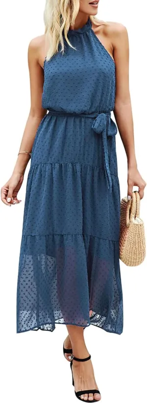 PRETTYGARDEN Women’s Halter Neck Floral Long Maxi Dress Casual Sleeveless Backless Dresses Loose Ruffle Sundress with Belt